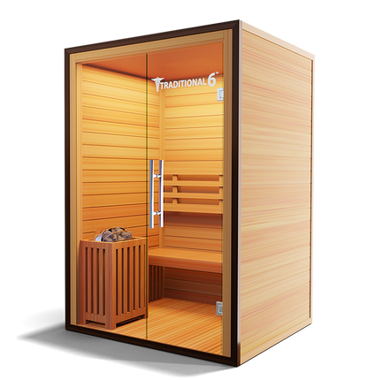 2-person traditional steam sauna interior with heater and rocks