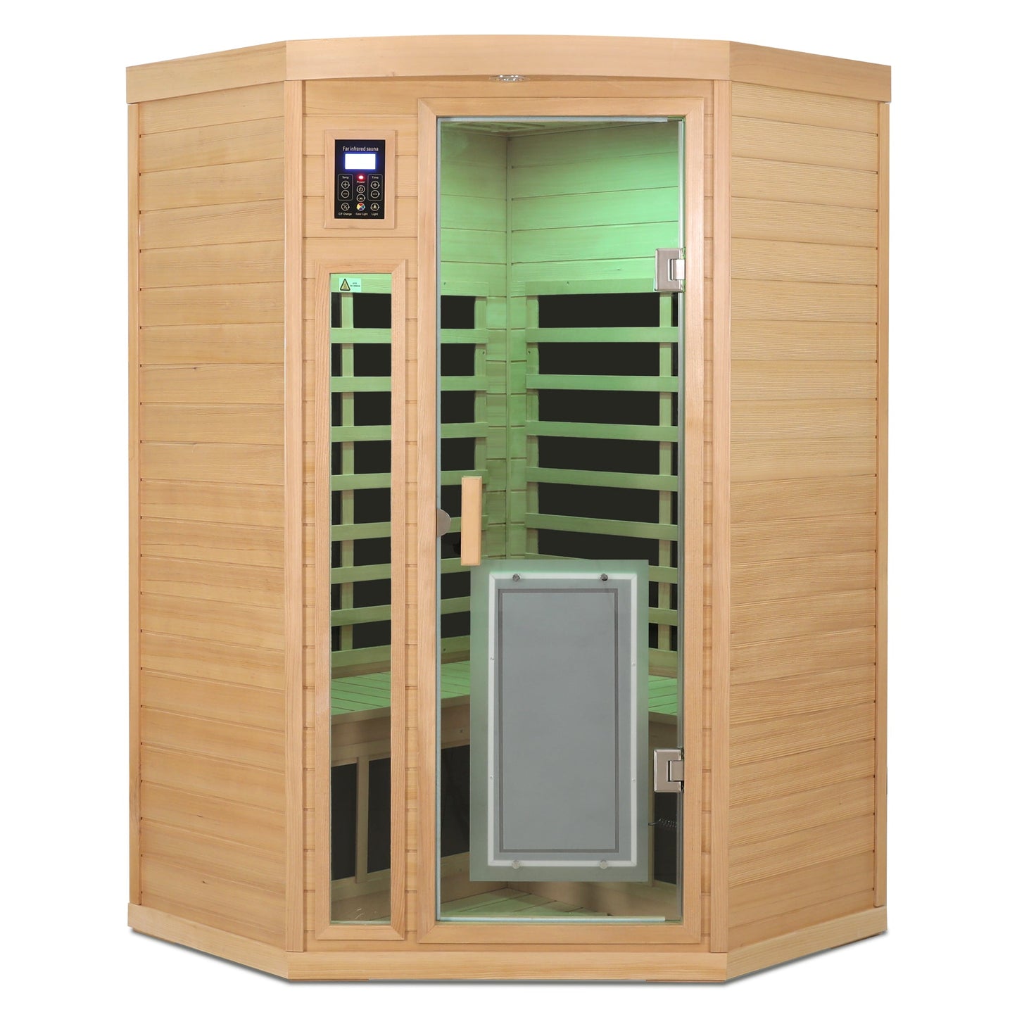 Low EMF hemlock corner sauna room with green chromotherapy lighting