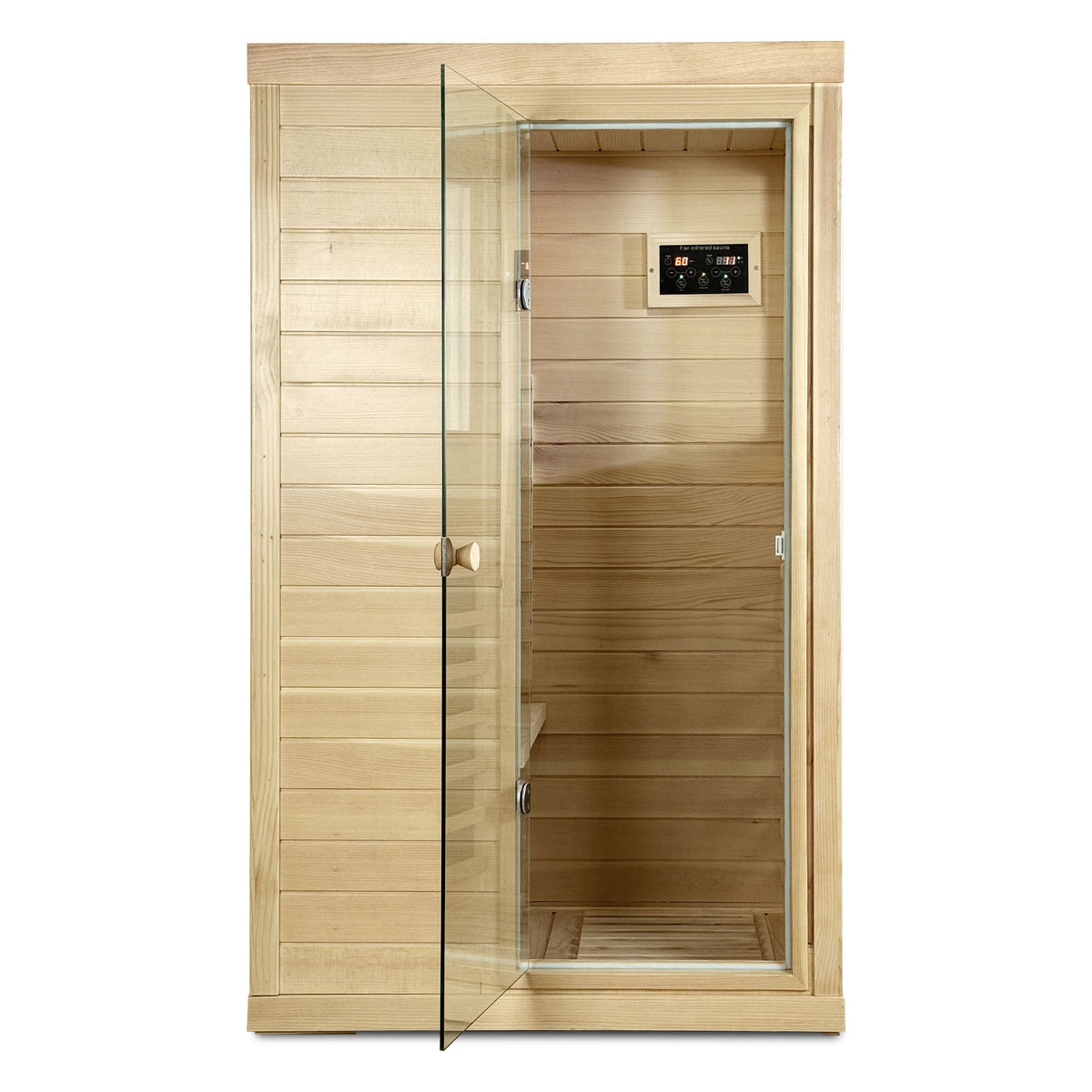 Canadian hemlock 1-person infrared sauna, exterior view