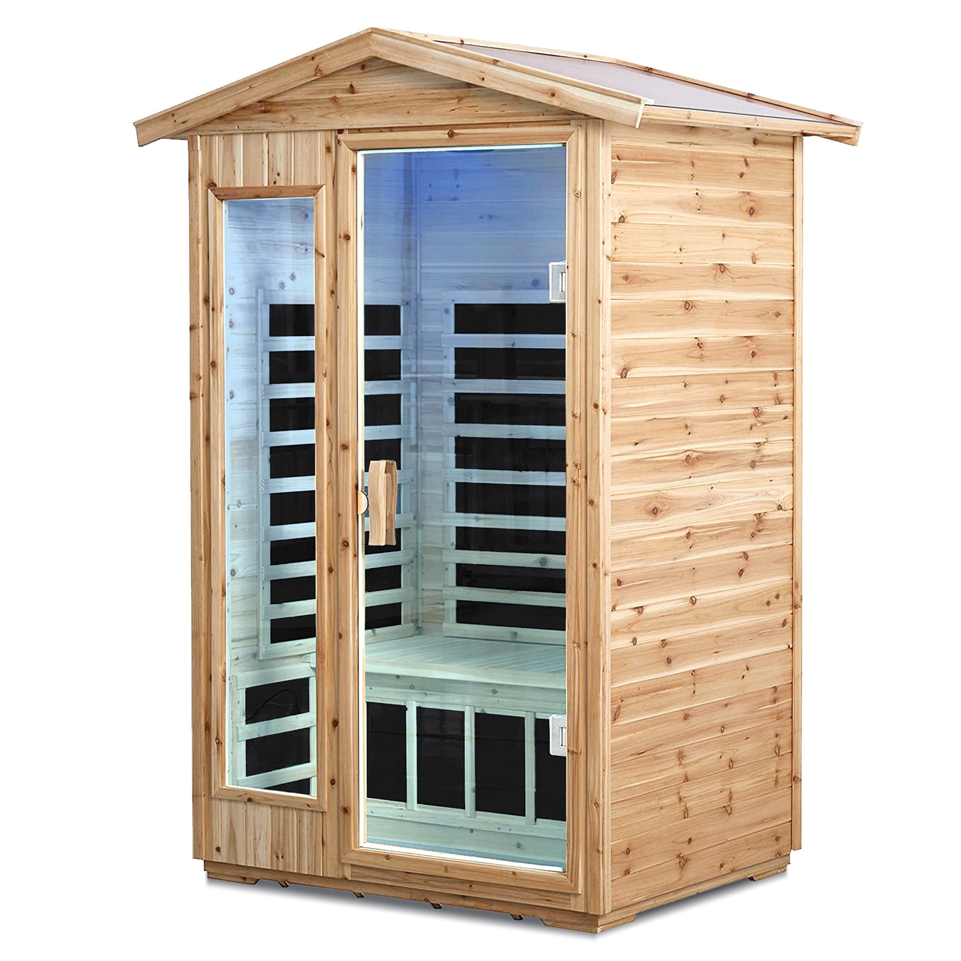 Two person old fir sauna room with blue interior lighting seen through the glass door
