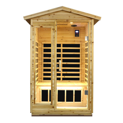 Two-person old fir outdoor infrared sauna with pitched roof, front view, on white background