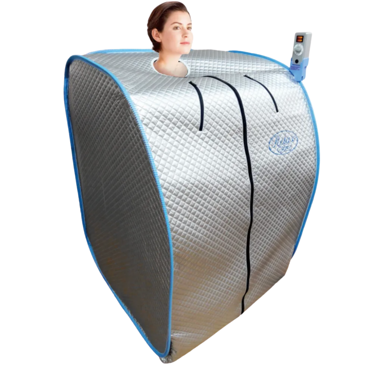 Person seated inside the Relax Silver Elite portable far infrared sauna with head out the top and the handheld controller
