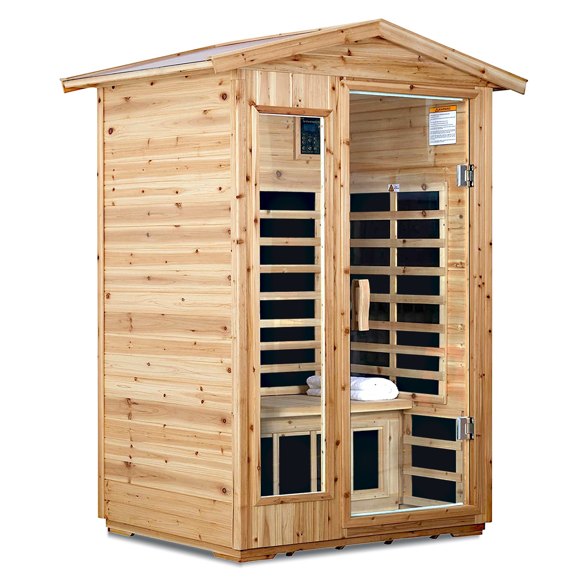 Two person old fir outdoor sauna room three quarter view with pitched roof