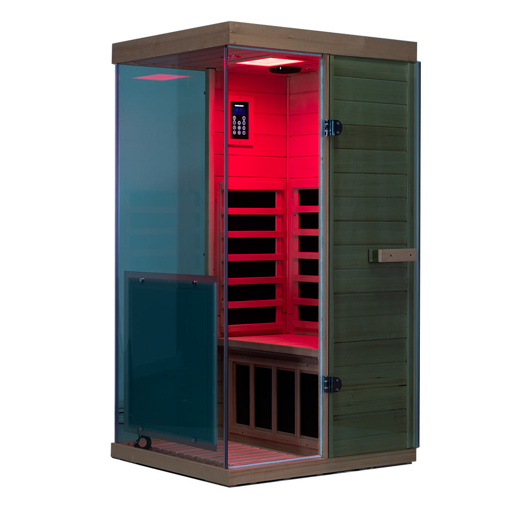 909MX 1-person ultra-low EMF infrared sauna with 270 degree glass and light therapy, dimensions view