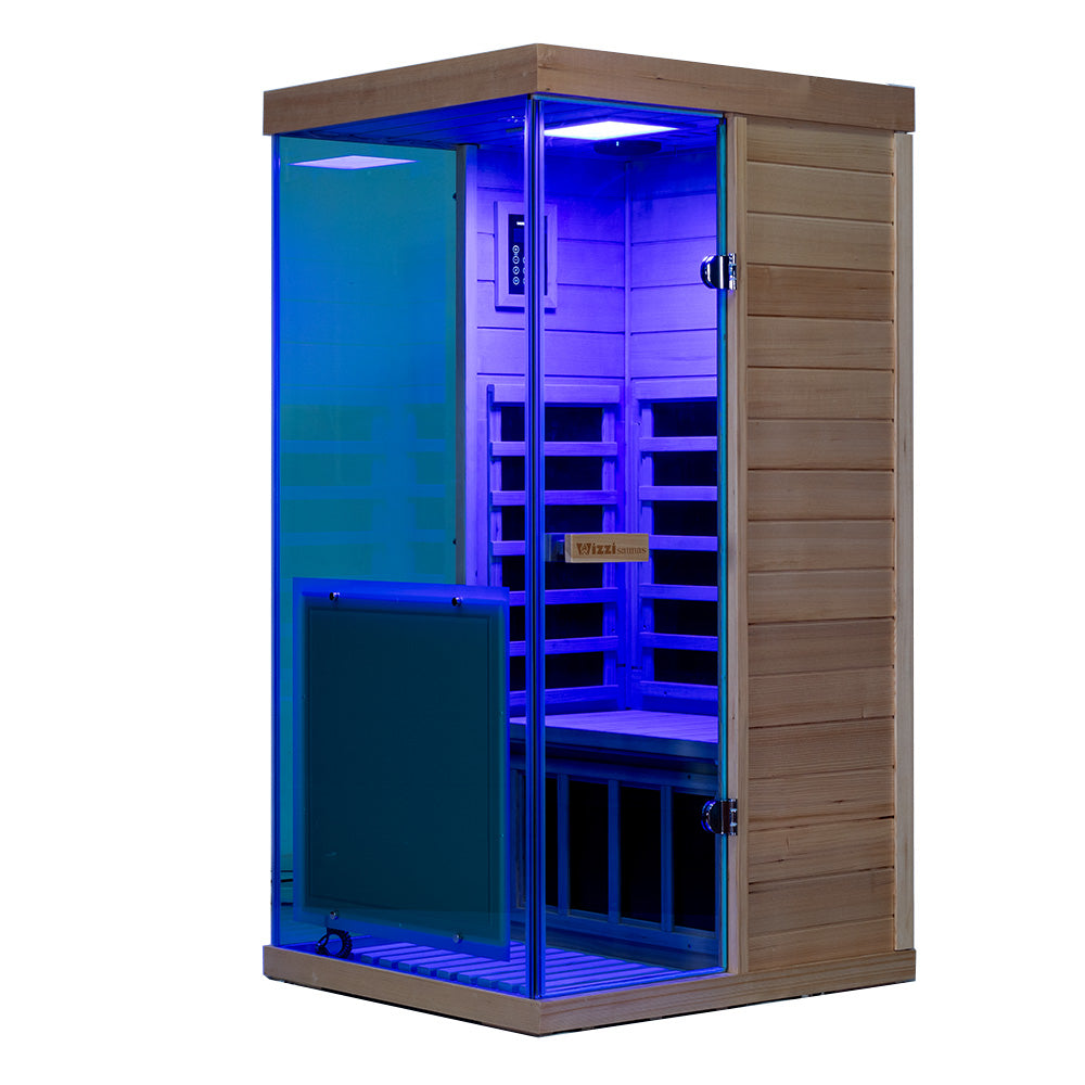 909MX 1-person ultra-low EMF infrared sauna with 270 degree glass and light therapy, front view