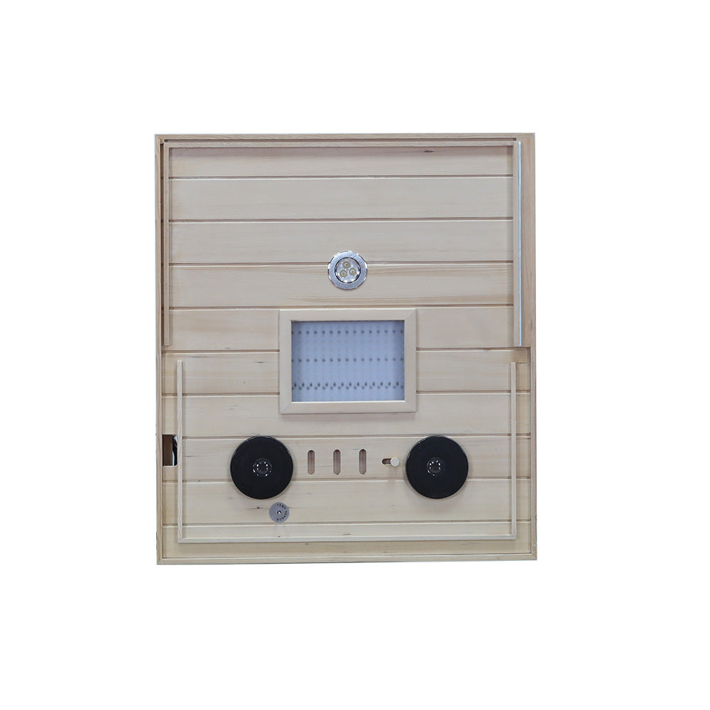 909MX 1-person ultra-low EMF infrared sauna with 270 degree glass and light therapy, side view