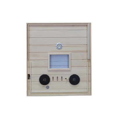 909MX 1-person ultra-low EMF infrared sauna with 270 degree glass and light therapy, side view