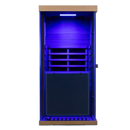 909MX 1-person ultra-low EMF infrared sauna with 270 degree glass and light therapy, angled view