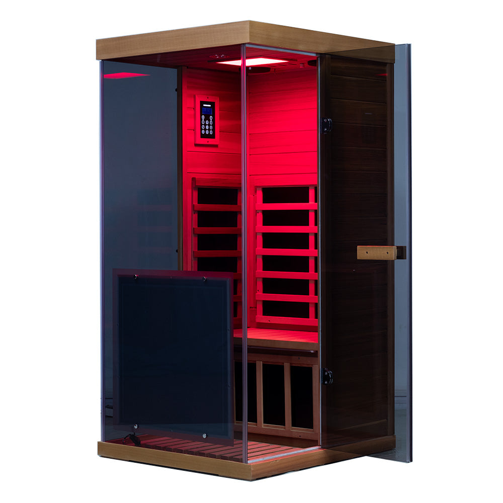 909MX 1-person ultra-low EMF infrared sauna with 270 degree glass and light therapy, lighting detail
