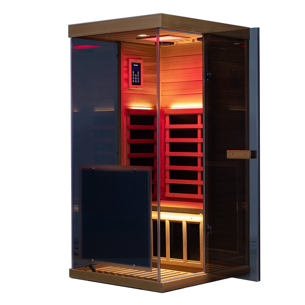 909MX 1-person ultra-low EMF infrared sauna with 270 degree glass and light therapy, control detail