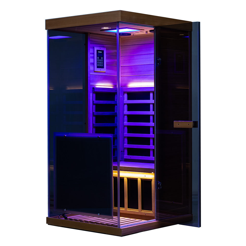 909MX 1-person ultra-low EMF infrared sauna with 270 degree glass and light therapy, product view