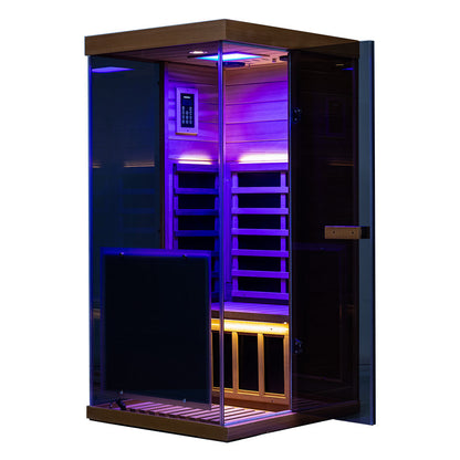 909MX 1-person ultra-low EMF infrared sauna with 270 degree glass and light therapy, product view