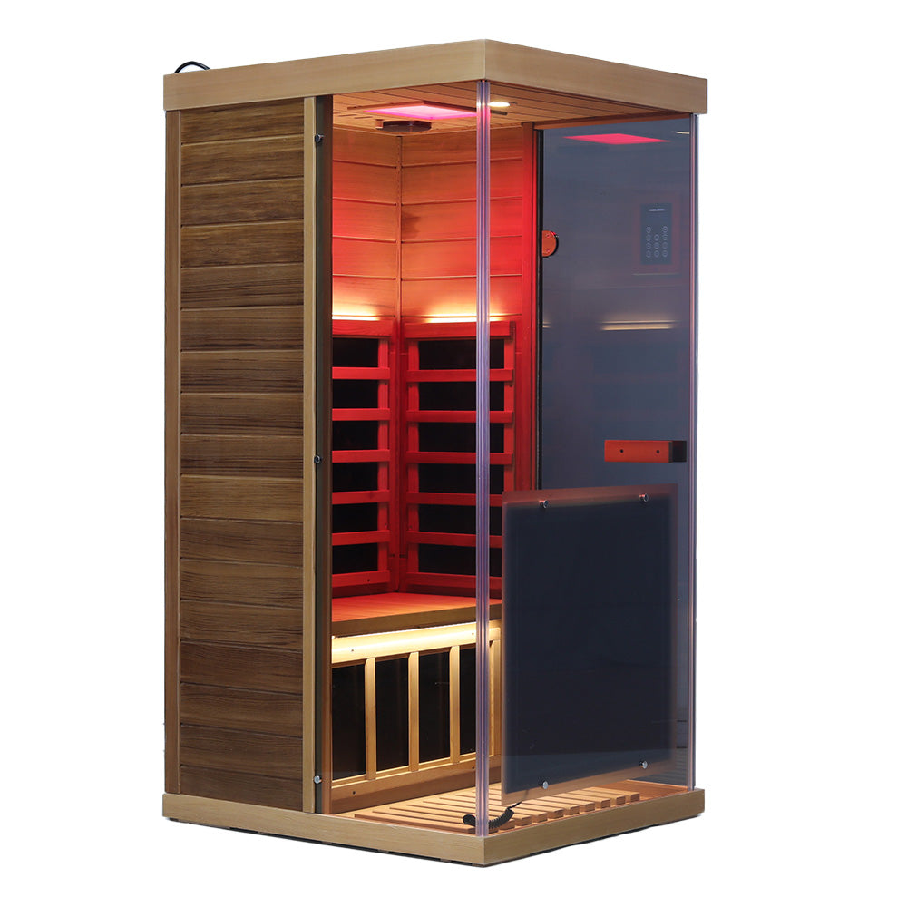 909MX 1-person ultra-low EMF infrared sauna with 270 degree glass and light therapy, detail view