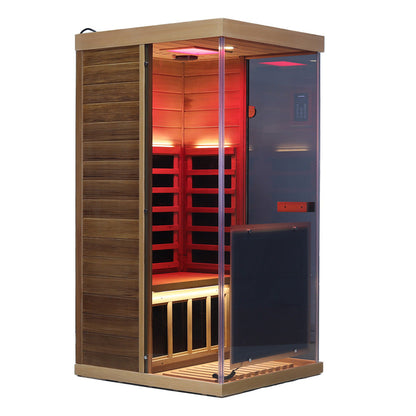 909MX 1-person ultra-low EMF infrared sauna with 270 degree glass and light therapy, detail view