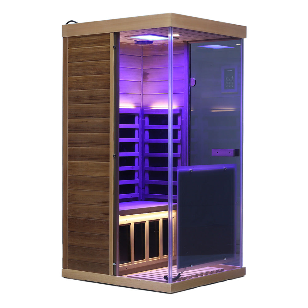 909MX 1-person ultra-low EMF infrared sauna with 270 degree glass and light therapy, interior view