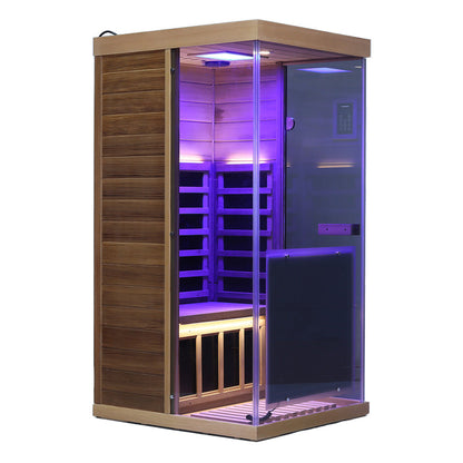 909MX 1-person ultra-low EMF infrared sauna with 270 degree glass and light therapy, interior view