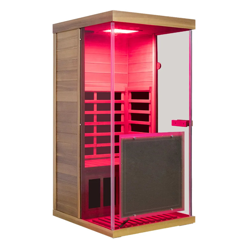 909MX 1-person ultra-low EMF infrared sauna with 270 degree glass and light therapy, feature detail