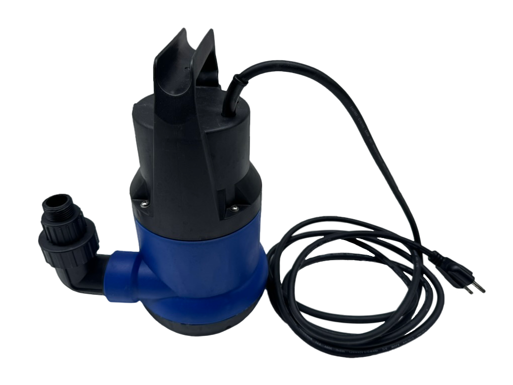 RevX drain pump shown from the side with the hose fitting and coiled power cord