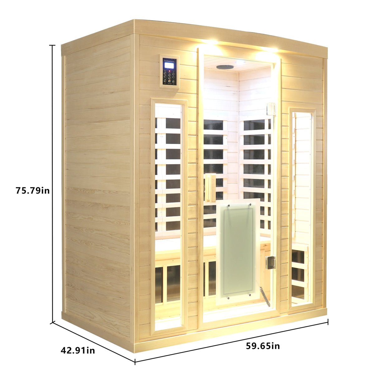 Three person hemlock sauna dimensions diagram: 59.65 wide, 42.91 deep, 75.79 inches tall