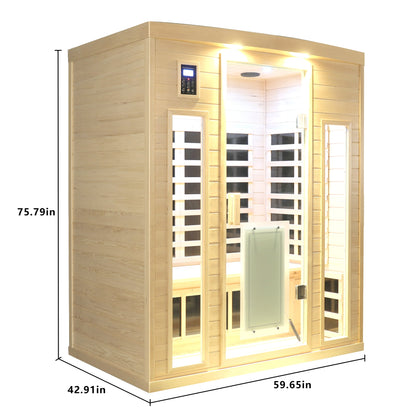 Three person hemlock sauna dimensions diagram: 59.65 wide, 42.91 deep, 75.79 inches tall