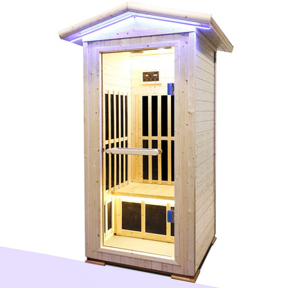 Single person spruce infrared sauna with ambient LED lighting