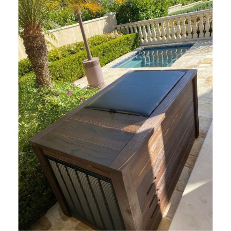 Kooru cold plunge tub with the lid closed installed beside a swimming pool