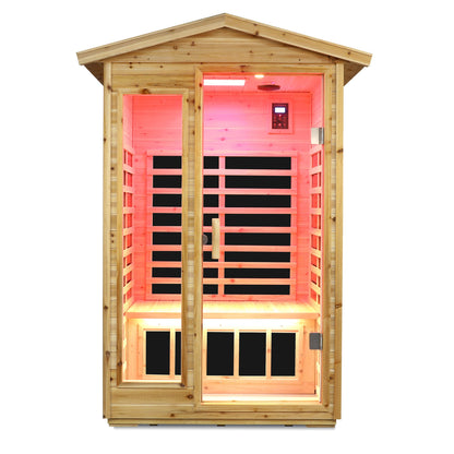 Two-person old fir infrared sauna, side view