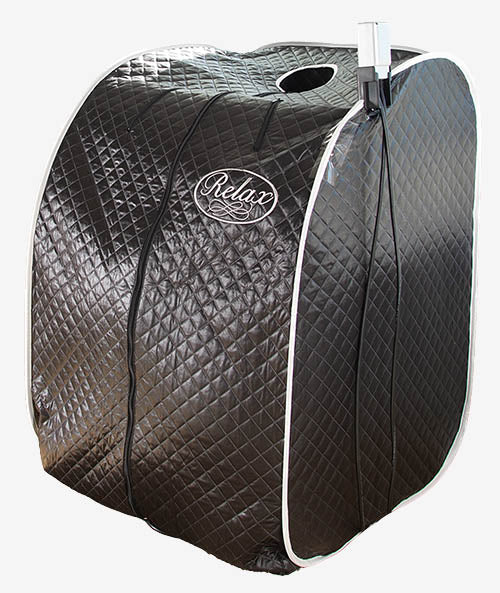 Relax Black Pro portable far infrared sauna zipped closed on a white background