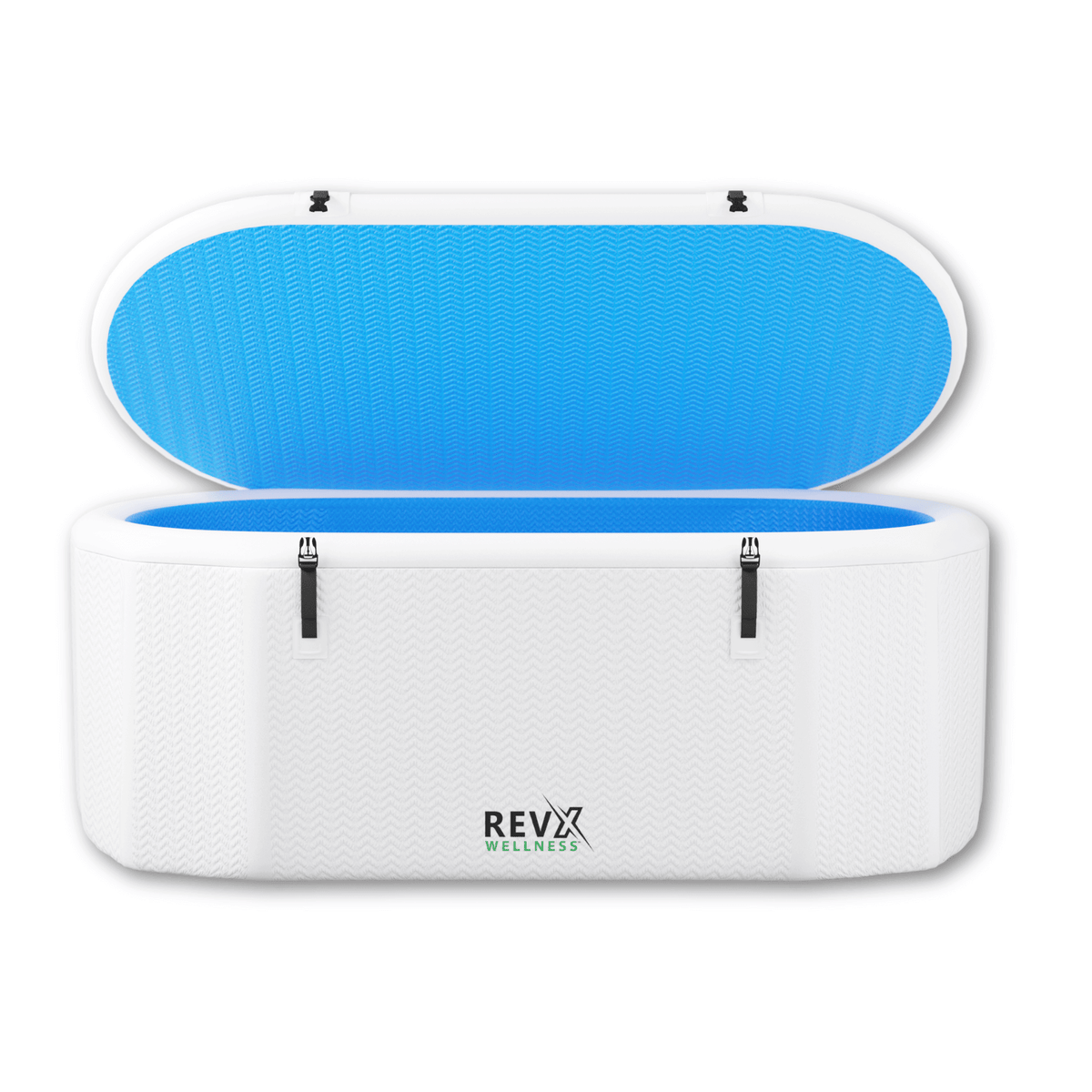 RevX Inflatable Deluxe cold plunge tub with the insulated lid propped open