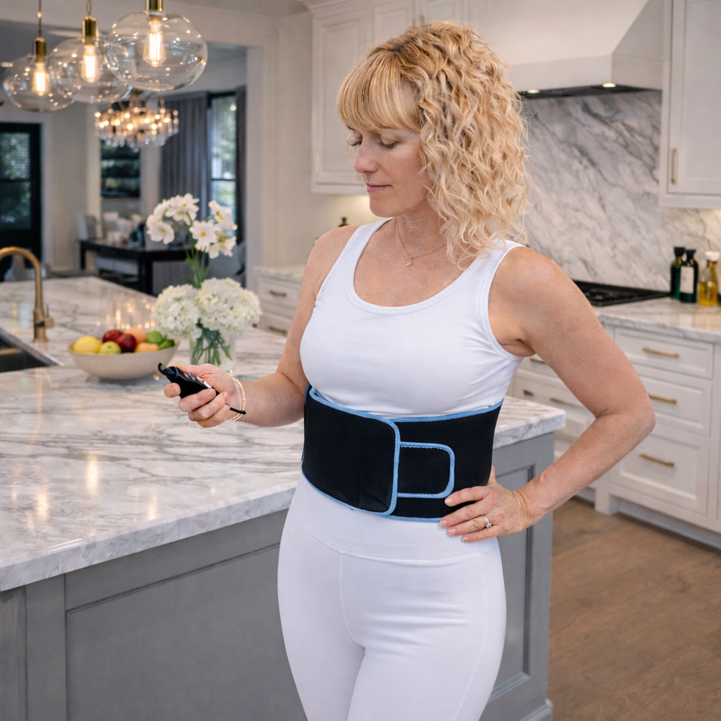 Person wearing the iReliev FullGlow back wrap around the waist while holding the controller
