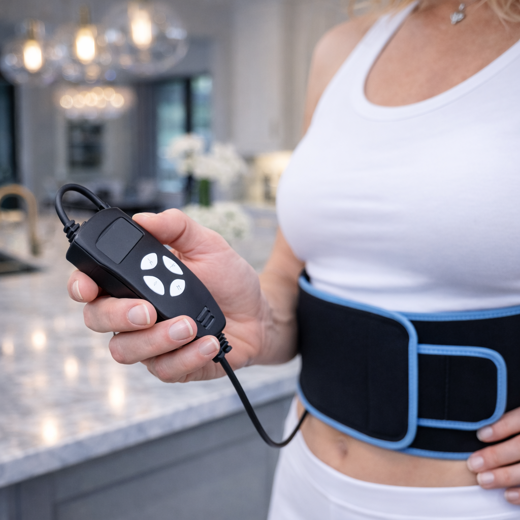 Close view of the handheld controller for the iReliev FullGlow back wrap in use