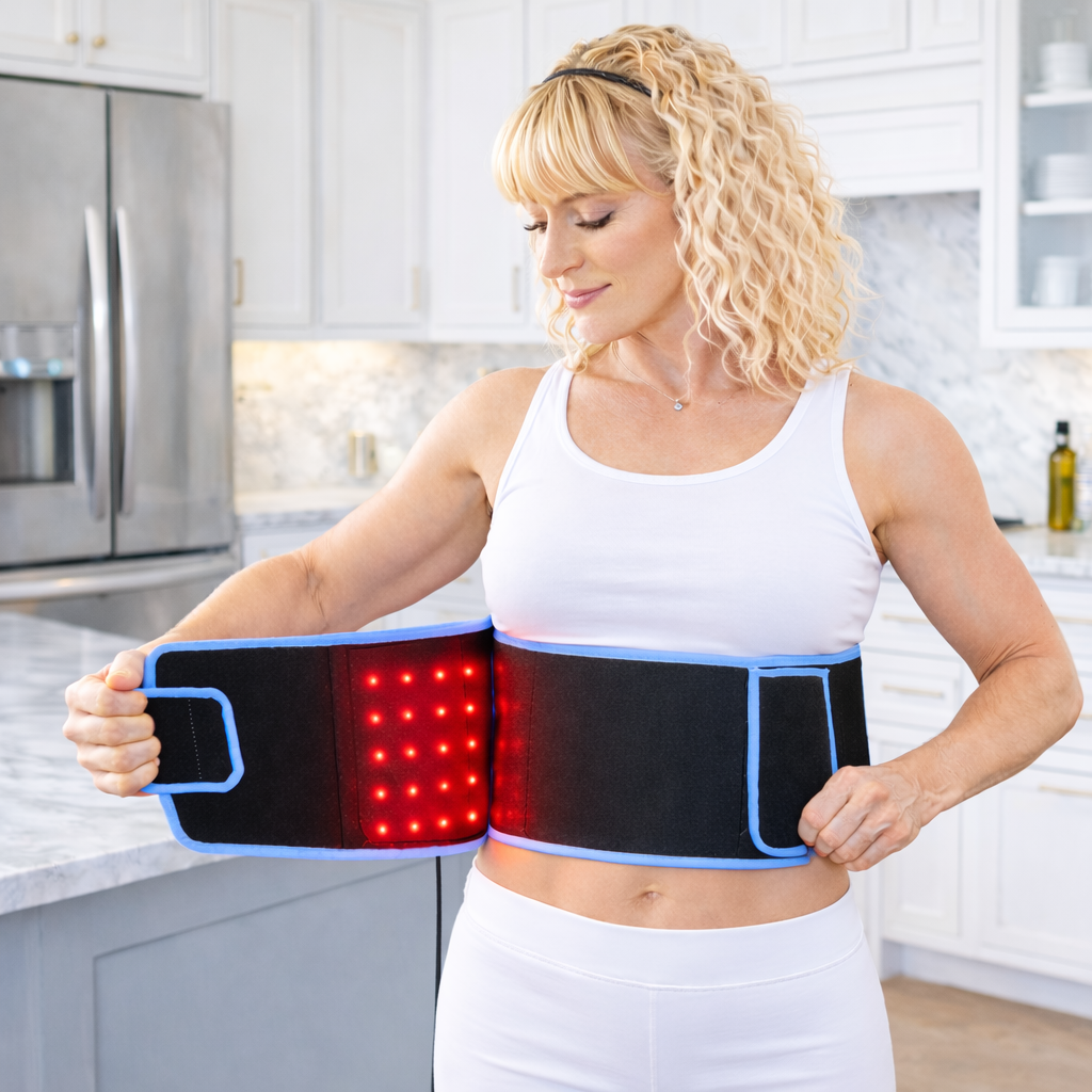 Person fastening the iReliev FullGlow back wrap with the LED panel lit