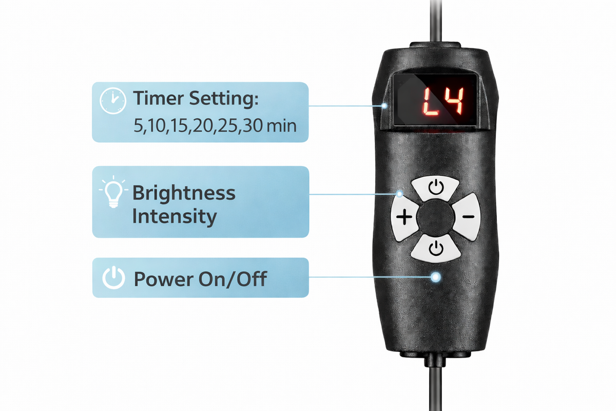 iReliev FullGlow back wrap controller settings: timer from 5 to 30 minutes, brightness and power