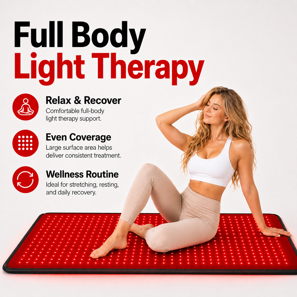 iReliev FullGlow 180 feature graphic with a person seated on the illuminated mat