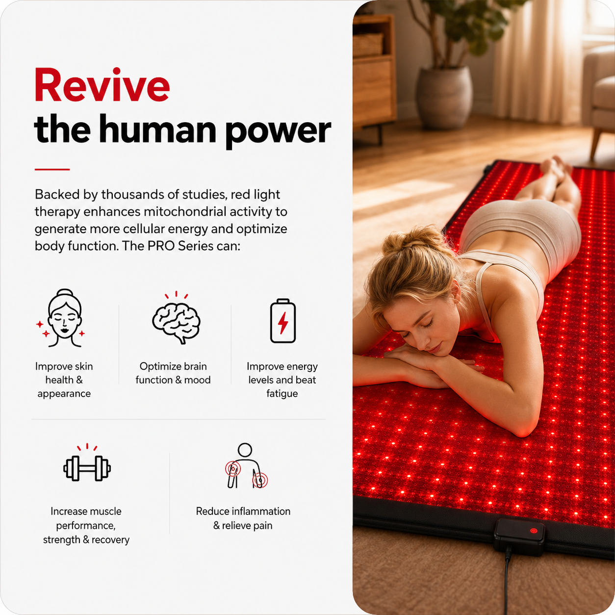 iReliev FullGlow 180 promotional graphic with a person lying face down on the mat