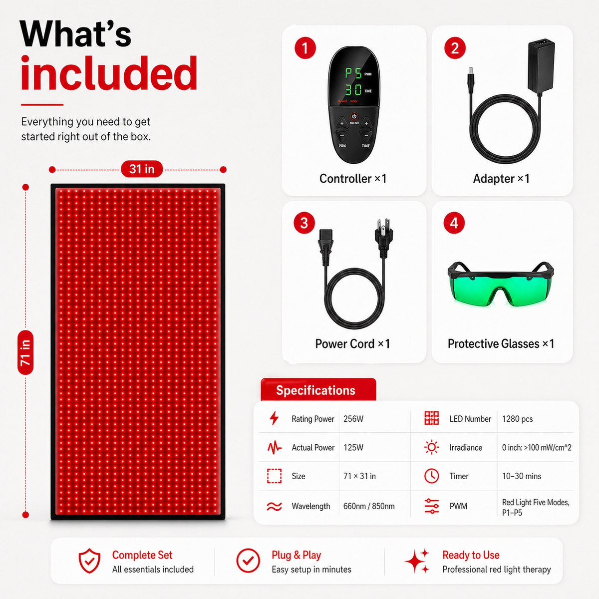 iReliev FullGlow 180 what's included: controller, adapter, power cord, glasses and full specs