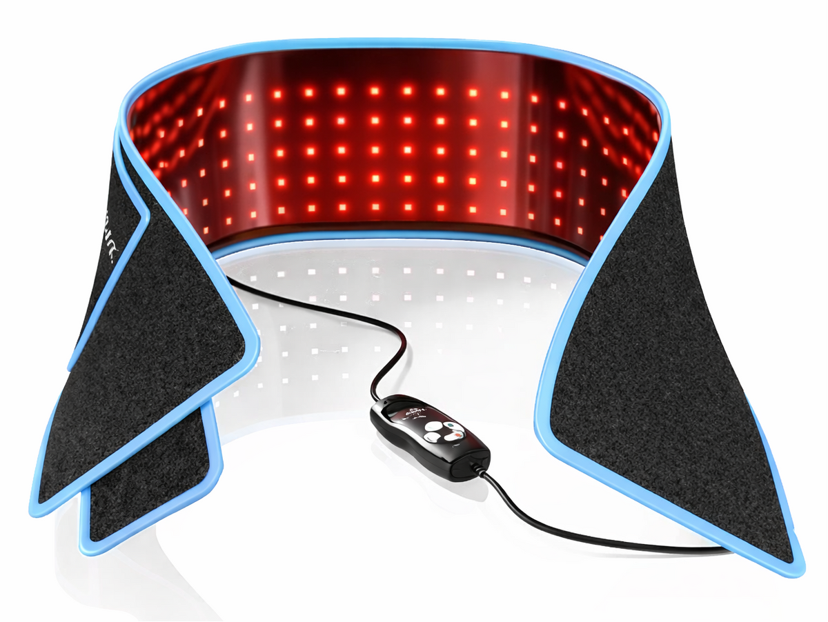 iReliev FullGlow red light therapy back wrap with adjustable strap