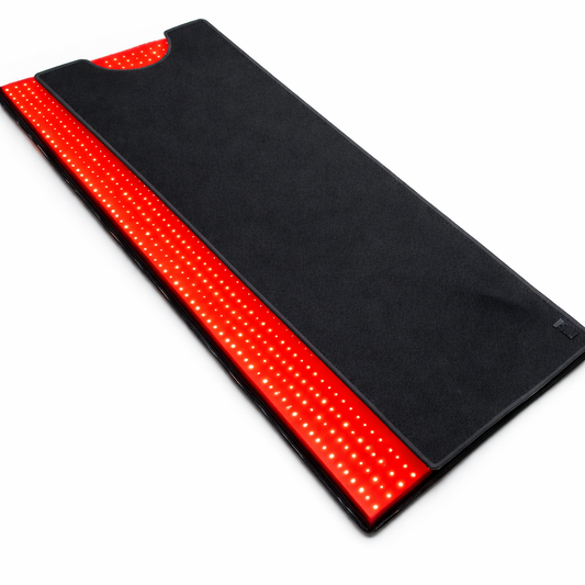 iReliev FullGlow 360 red light therapy bag opened flat with the LED surface illuminated