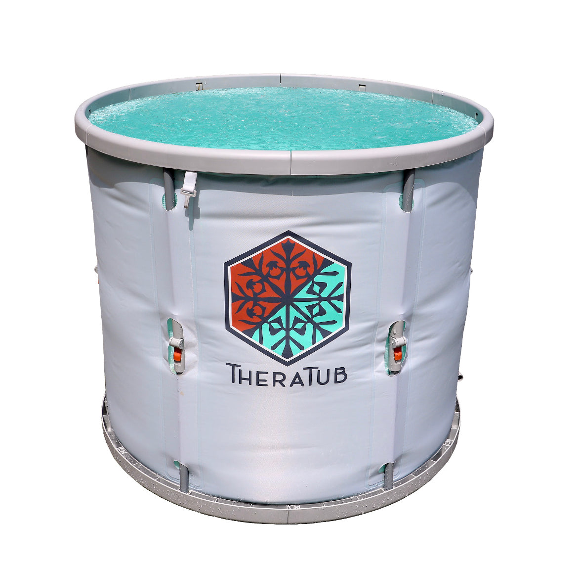 TheraTub portable ice bath cold plunge filled with water, grey foldable tub