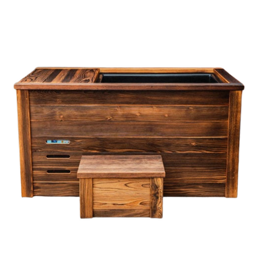 Kooru cold plunge tub in natural wood with matching step stool