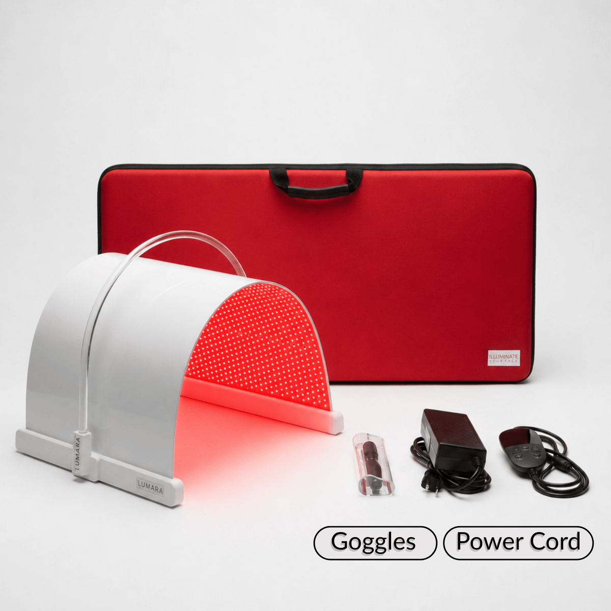 Lumara Illuminate Red V2 panel with carrying case, goggles, power adapter and cord