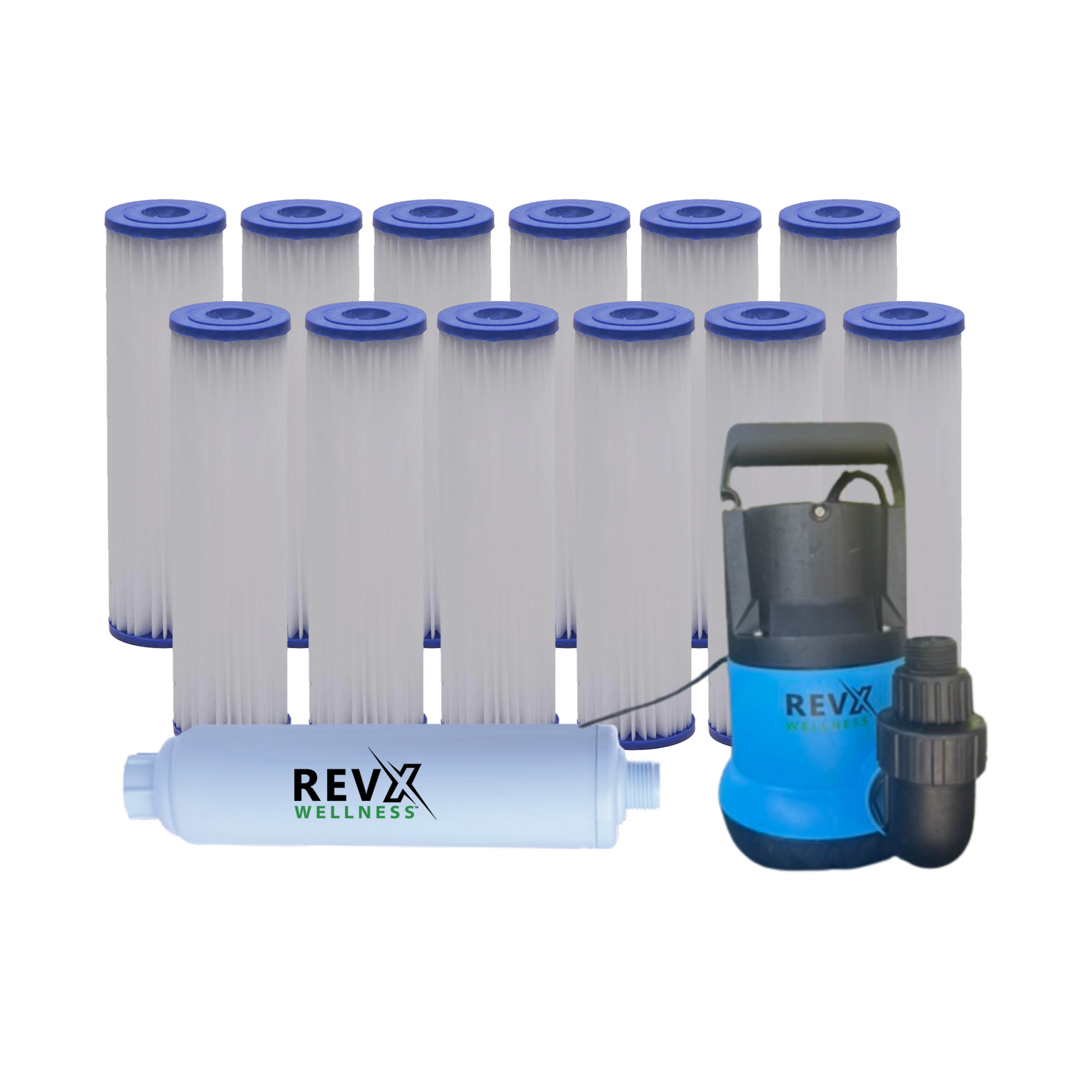 RevX 1 Year Maintenance Starter Kit with 12 water filters, hose filter and drain pump