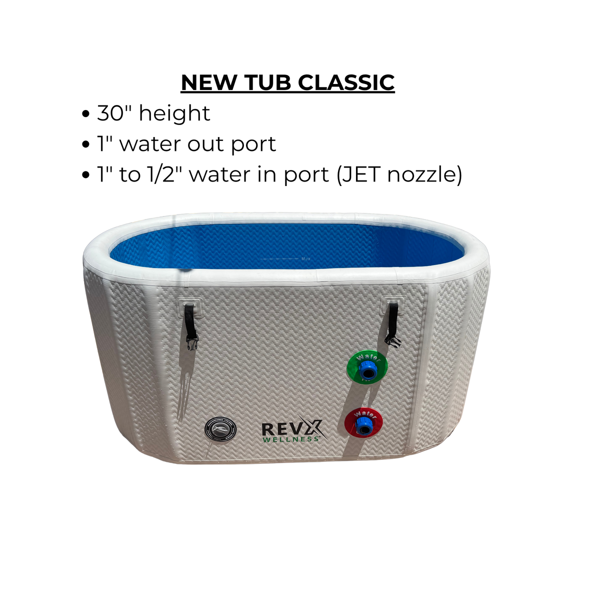 RevX Inflatable Classic spec graphic: 30 inch height, 1 inch water out port and jet nozzle inlet