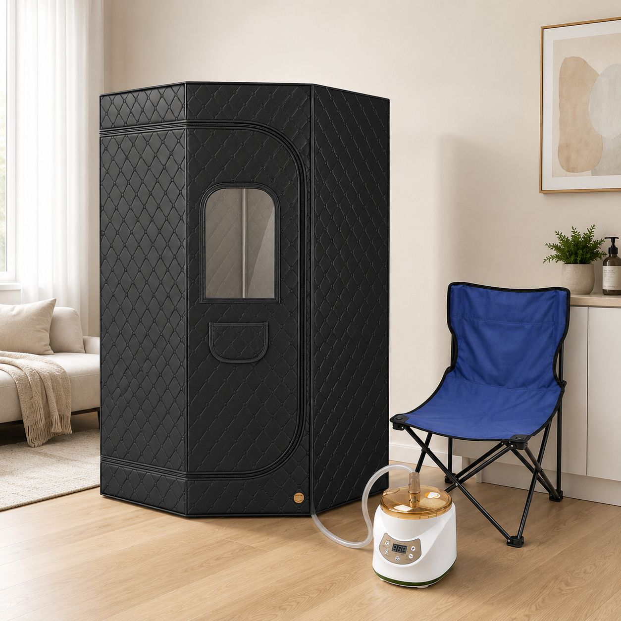 Restore Suite portable steam sauna setup with folding chair