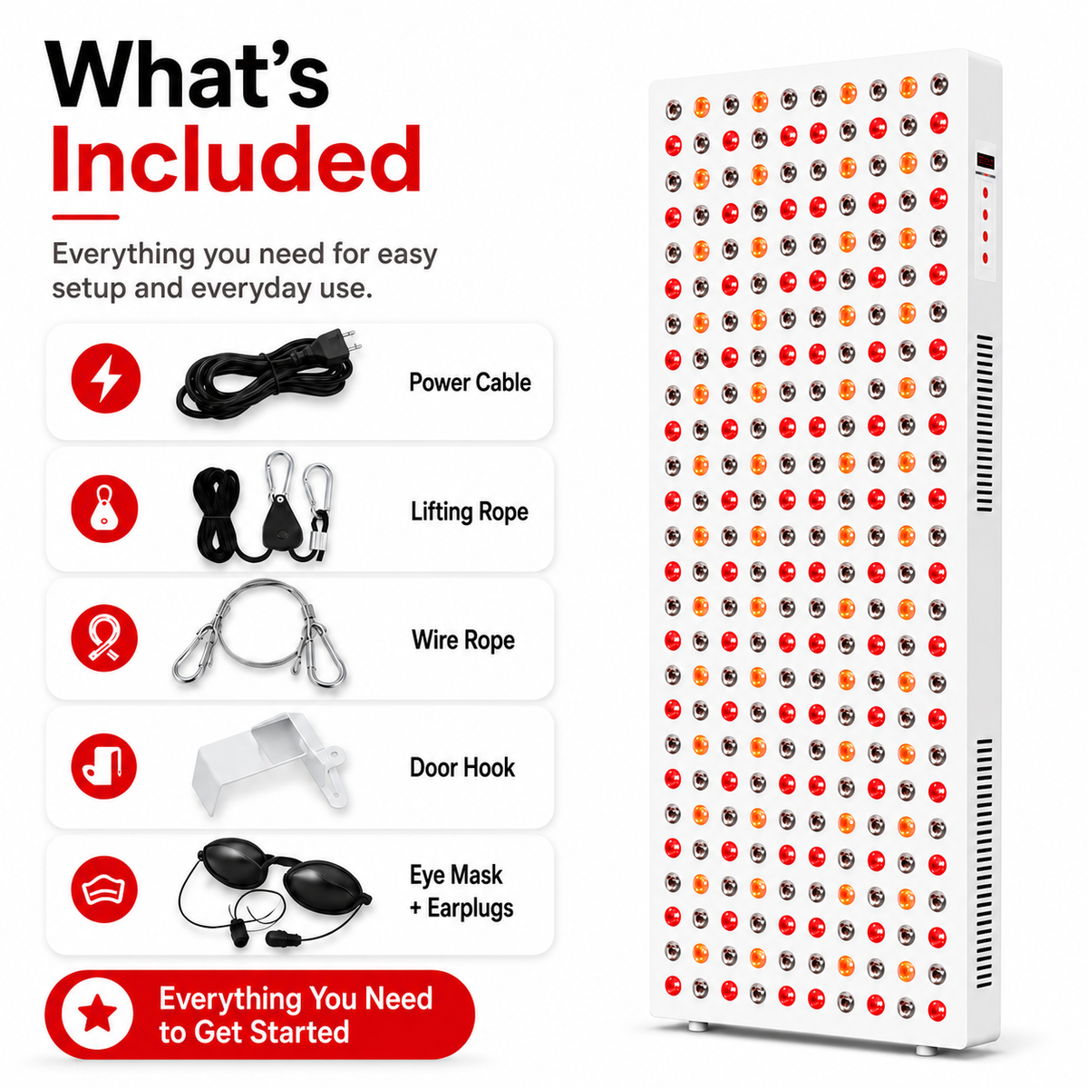 iReliev panel what's included: power cable, lifting rope, wire rope, door hook, eye mask and earplugs