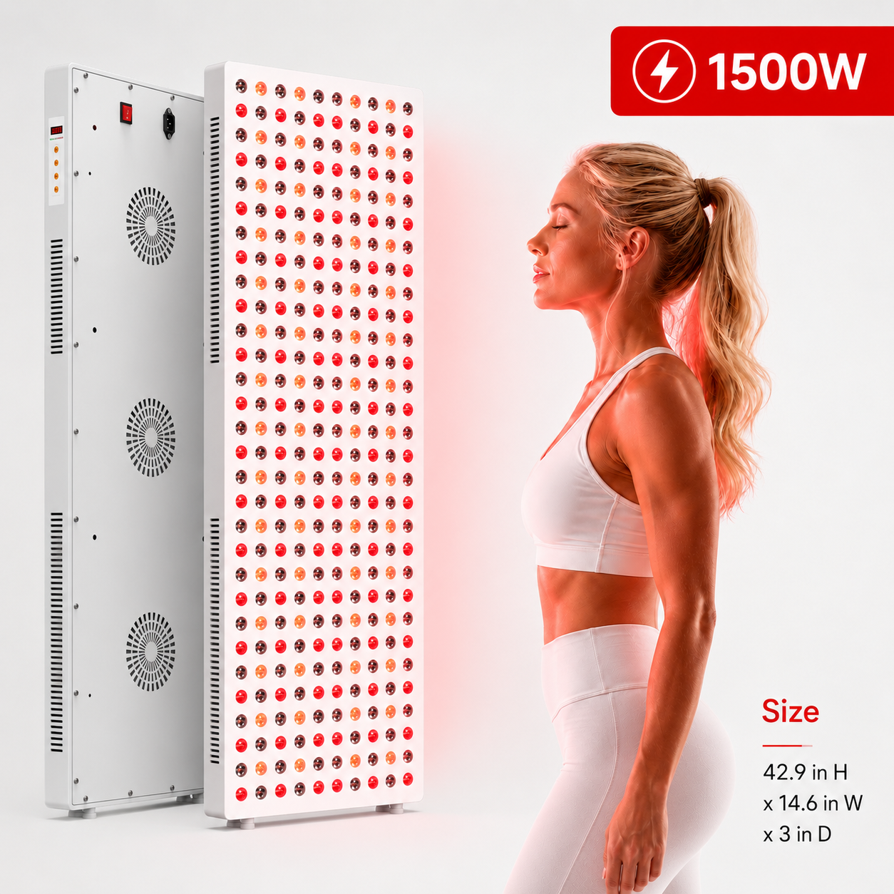iReliev 1500W red light panel shown front and back with dimensions and a person for scale