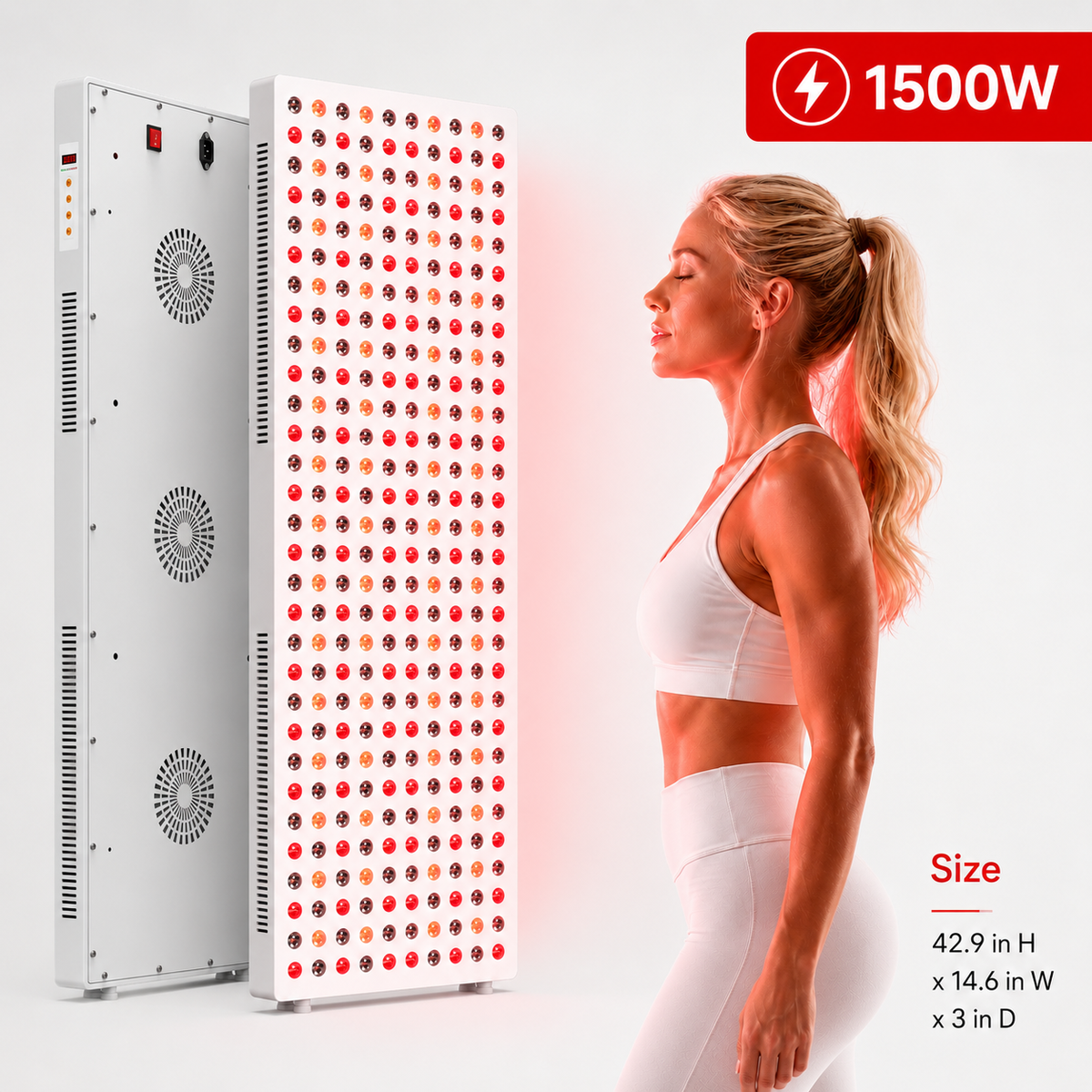 iReliev 1500W red light panel shown front and back with dimensions and a person for scale