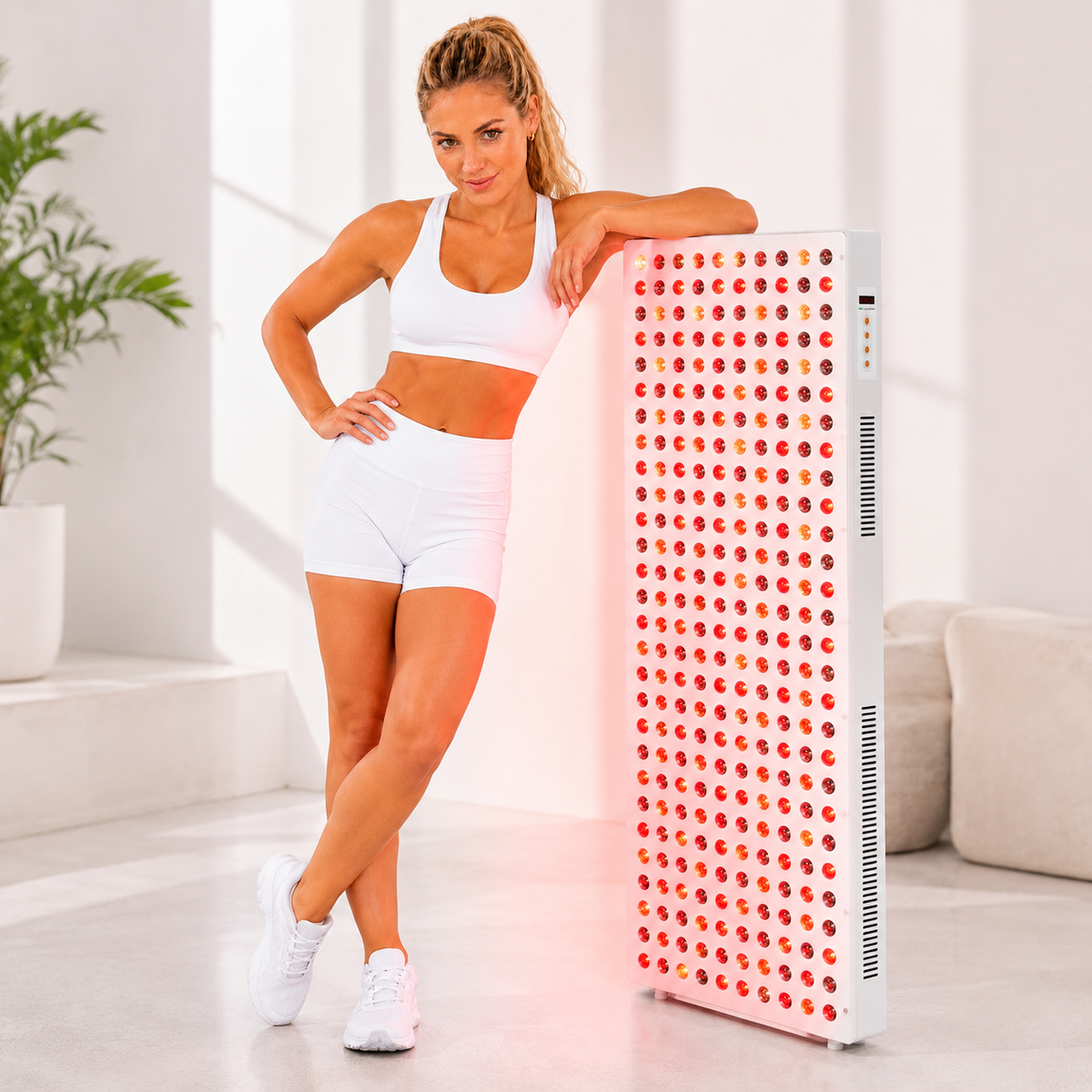 iReliev 1500W red light panel standing in a bright living room with a person alongside