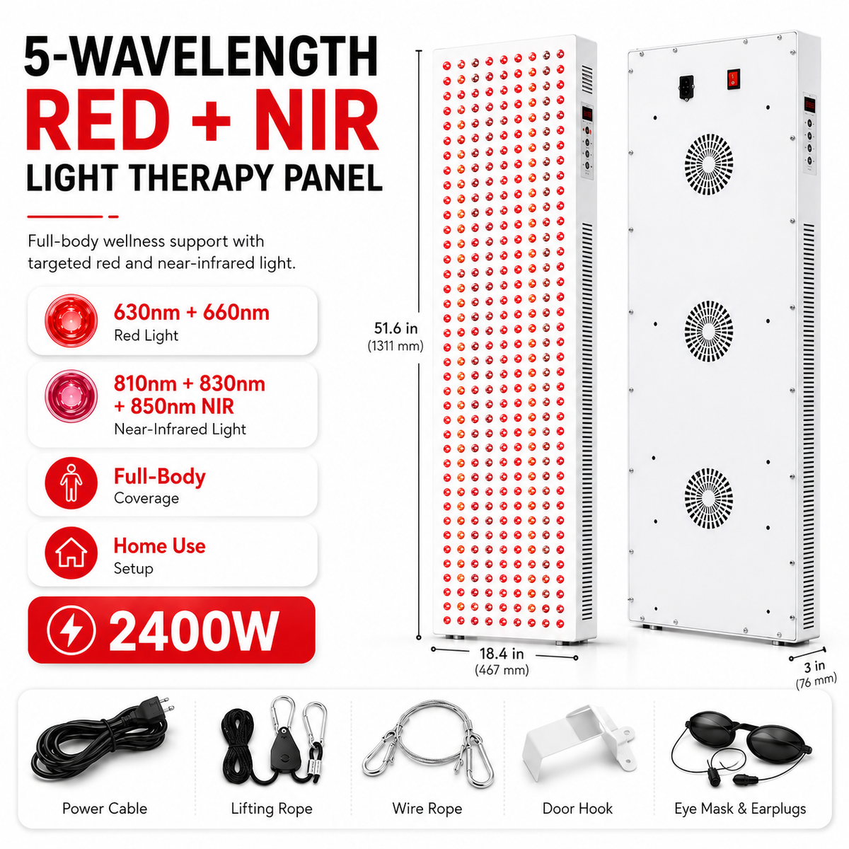 iReliev 2400W wavelength chart with power cable, ropes, door hook and eye mask accessories