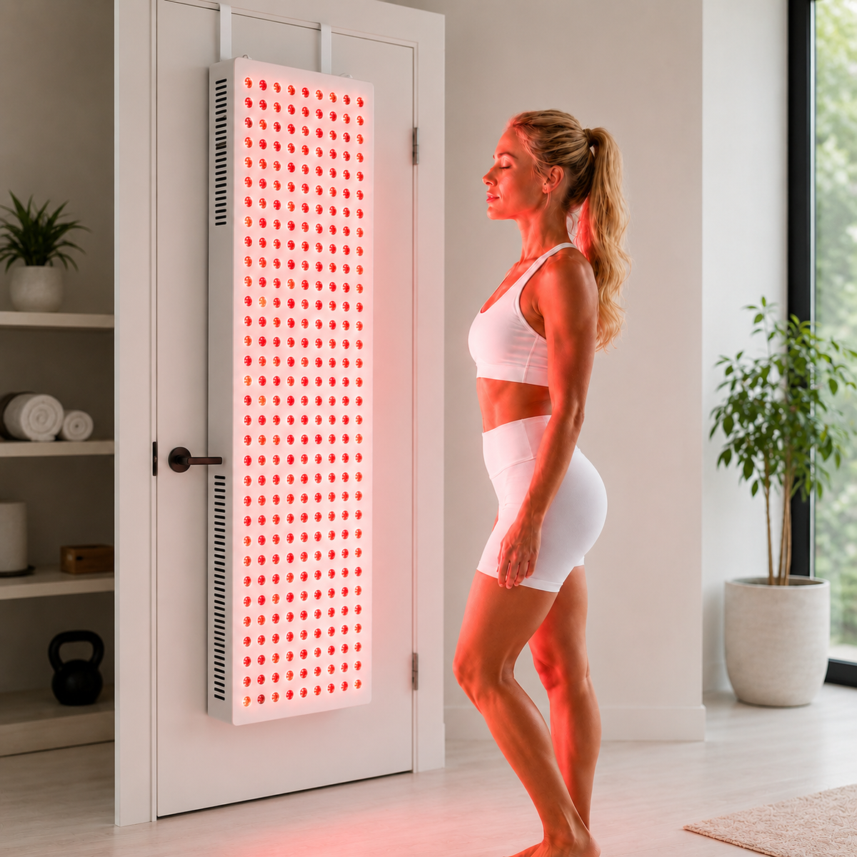 iReliev 2400W panel hung on a door using the included door hook